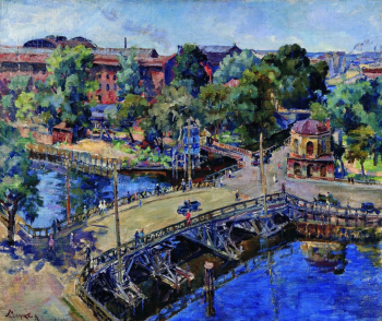 Осмёркин Александр Александрович. Ленинград. Пейзаж с деревянным мостом. Холст, масло. 102х120. 1946. Иркутский областной художественный музей им. В.П.Сукачева.