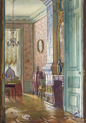 Леонова Наталия Алексеевна. Кусково. Спальня. Бумага, акварель. 40х25. 1992. Авторское собрание.