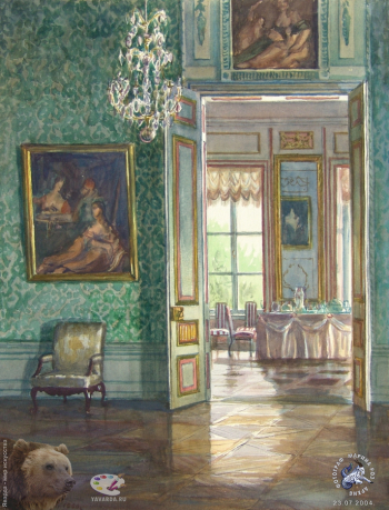 Леонова Наталия Алексеевна. Кусково. Проход в столовую. Бумага, акварель. 60х50. 1992. Авторское собрание.
