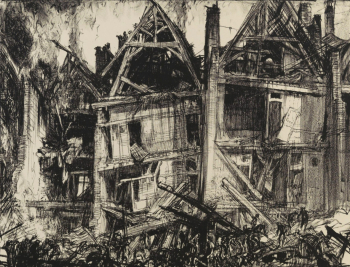 Фрэнк Брэнгвин. Разрушенный дом. Бумага, литография. 47,2х61,5. 1919. Национальная галерея Канады.