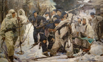 Серебряный Иосиф Александрович. Партизанский отряд. Холст, масло. 205х340. 1942. Государственный Русский музей.