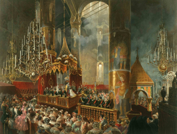 Зичи Михаил Александрович. Коронация императрицы Марии Александровны. Картон, акварель, тушь, белила. 86х64. 1856. Научно-исследовательский музей Российской Академии художеств/