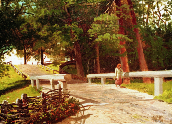 Лагорио Лев Феликсович. Пейзаж с мостиком. Холст на картоне, масло. 22х31. Конец 1880-х годов. Частное собрание.
