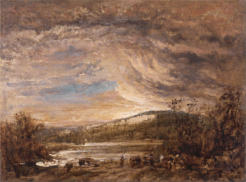 Джон Линнелл. Речной пейзаж, рассвет. Доска, масло. 16,5х22,5. 1860-е. Йельский центр британского искусства.