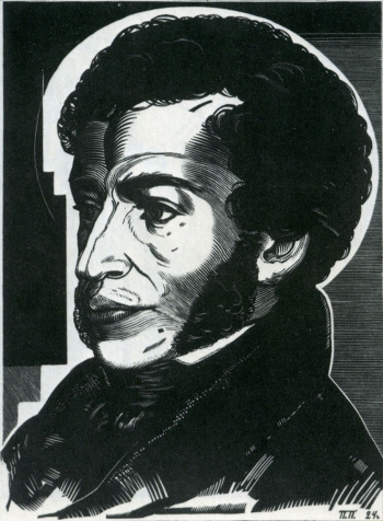 Павлинов Павел Яковлевич. Портрет Пушкина. Бумага, ксилография. 25х12. 1924. Государственный музей изобразительных искусств имени А.С.Пушкина.