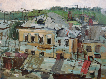 Татаринов Владимир Михайлович. Дома (Из окна МСХШ). Картон, масло. 18х24. 1951. Собрание художника.