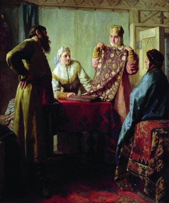 Неврев Николай Васильевич. Бытовая сцена XVII века. Купец демонстрирует ткани. Холст, масло. 107х90. 1890-е. Нижнетагильский музей изобразительных искусств.