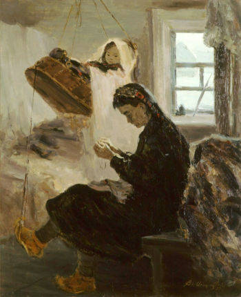 Игошев Владимир Александрович. Бабушка с внучкой. Картон, масло. 105х86. 1977. Государственный художественный музей (Ханты-Мансийск).