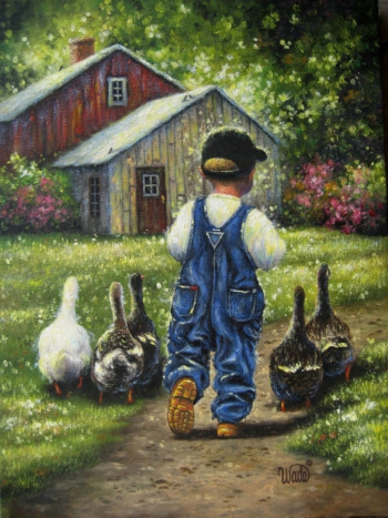Вики Уэйд. Мальчик с гусями. Холст, акрил. Частное собрание.