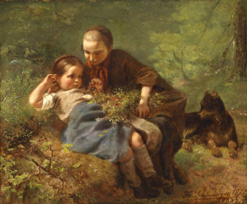 Феликс Шлезингер. Дети в лесу. Доска, масло. 24х30. 1859. Частное собрание.