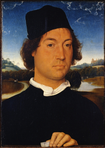 Ганс Мемлинг. Мужчина с запиской. Доска, масло. 35х25. 1485-1489. Галерея Уффици.