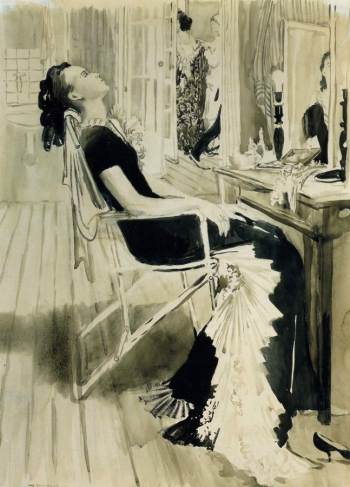 Пименов Юрий Иванович. Антракт актрисы. Бумага, акварель. 88х65. 1960. Киевская картинная галерея.