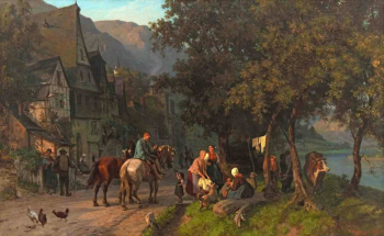 Карл Шлезингер. Деревенская уличная суета. Холст, масло. 79х125. 1871. Частное собрание.