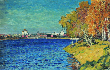 Петровичев Пётр Иванович. Вид на храм Христа Спасителя из Нескучного сада. Холст, масло. 50х78. 1922. Частная коллекция.