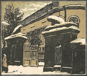 Павлов Иван Николаевич. Ограда. Дом Якунчиковой в Кисловском переулке. Бумага, цветная линогравюра. 14х16. 1920-е. Частное собрание.