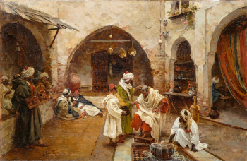 Энрике Симоне Ломбардо. Парикмахерская на базаре. Холст, масло. 32х50. 1897. Частное собрание.