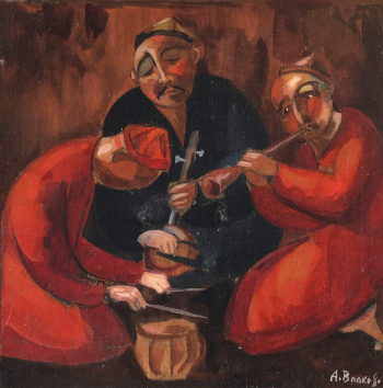 Волков Александр Николаевич. Три музыканта. Фанера, темпера, лак. 18,5х18,5. 1926. Государственная Третьяковская галерея.