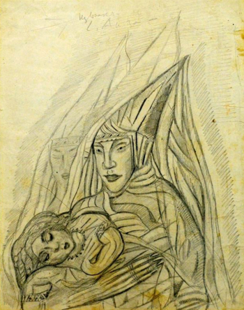 Хлебникова (Митурич-Хлебникова) Вера Владимировна. Композиция с лежащей фигурой. Бумага, карандаш. 35х27. 1919. Астраханская государственная картинная галерея имени П.М.Догадина.