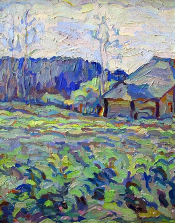 Хлебникова (Митурич-Хлебникова) Вера Владимировна. Село Спас-Загорье. Картофельное поле. Холст, масло. 60,5х50. 1940. Астраханская государственная картинная галерея имени П.М.Догадина.