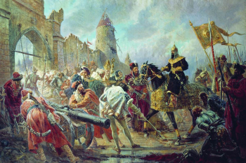 Соколов-Скаля Павел Петрович. Взятие Иваном Грозным ливонской крепости Кокенгаузен. Холст, масло. 297х445. 1937-1943. Государственный Русский музей.