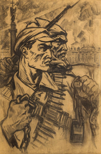 Тутеволь Клавдия Александровна. Военные на фоне Зимнего дворца. Эскиз праздничного оформления. Холст, уголь. 100х66. 1960-е. Частное собрание.