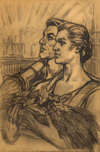 Тутеволь Клавдия Александровна. Шахтёр и колхозница. Эскиз праздничного оформления. Холст, уголь. 100х66. 1960-е. Частное собрание.