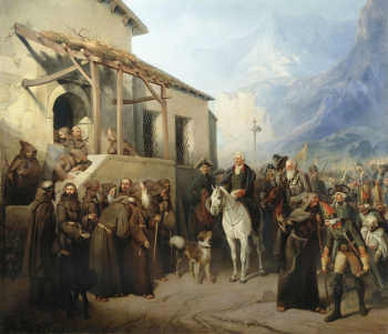 Шарлемань (Шарлемань-Боде) Адольф Иосифович. Фельдмаршал А.В.Суворов на вершине Сен-Готарда 13 сентября 1799 года. Холст, масло. 180х210. 1855. Государственный историко-художественный дворцово-парковый музей-заповедник Гатчина.