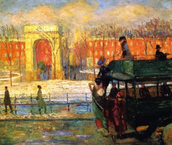 Уильям Джеймс Глакенс. Выход из автобуса. Холст, масло. 1910. Местонахождение картины неизвестно.