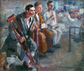 Кожевникова-Котова Зинаида Александровна. Слушают. Холст, масло. 32,5х37,5. 1942. Брянский областной художественный музейно-выставочный центр.