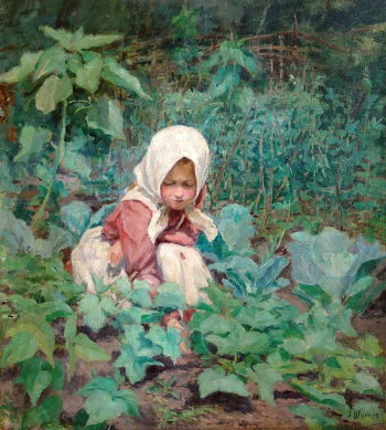 Шанкс Эмилия Яковлевна. Девочка, собирающая огурцы. Холст, масло. 74х66. Частное собрание.