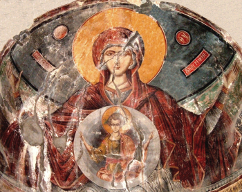 Онуфрий (Протопапас). Богородица с младенцем Христом. Храмовая фреска. 1547. Церковь святых апостолов в Кастории.