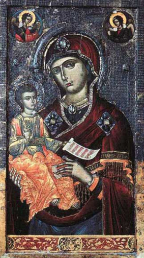 Онуфрий (Протопапас). Икона `Мария и Младенец`. Доска, темпера. 16 век. Национальный музей икон Онуфрия.