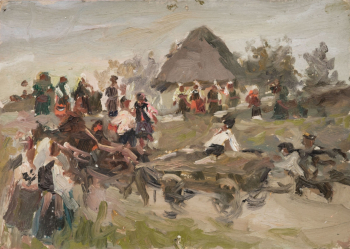 Горпенко Анатолий Андреевич. В деревне, эскиз. Картон, масло. 24,6х35. 1950-е. Частное собрание.