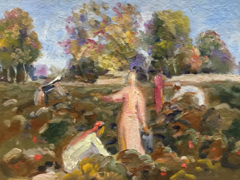 Карахан Николай Георгиевич. Сбор хлопка. Картон, масло. 15,7х22,5. 1934. Частное собрание.
