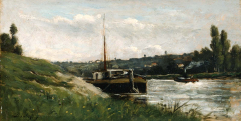 Шарль-Франсуа Добиньи. Баржа на реке. Холст, масло. 21,6х41. 1800-е. Музей изящных искусств (Бостон).