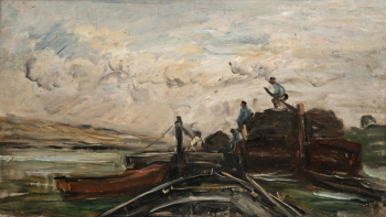 Шарль-Франсуа Добиньи. Баржи на реке. Доска, масло. 32х57. 1800-е. Национальный музей Швеции.