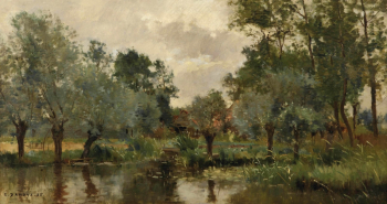 Пьер-Эммануэль Дамой. Деревенский пруд. Доска, масло. 33х61. 1885. Частное собрание.