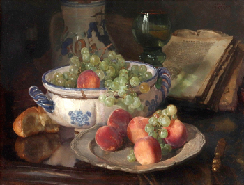Йозеф Шустер (1873-1945). Натюрморт с виноградом и персиками. Холст, масло. 34,5х46. 1925. Частное собрание.