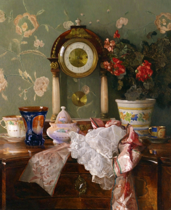 Йозеф Шустер (1873-1945). Натюрморт с часами. Холст, масло. 55,5х45,5. До 1945 года. Частное собрание.