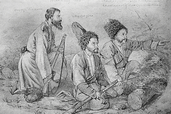 Косолап Пётр Сысоевич. Казаки-пластуны. Бумага, гравюра. 1859. Местоположение работы неизвестно.