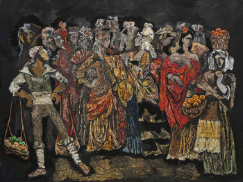 Соколова Марина Алексеевна. Эскиз костюмов к опере Кармен. Женщины на празднике. Фанера, темпера. 60х80. 1969. Санкт-Петербургский государственный музей театрального и музыкального искусства.
