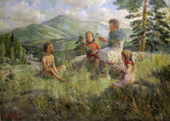 Русских Николай Андреевич. На Урале (Башкирский пейзаж, дети с цветами). Холст, масло. 180х110. Октябрьский историко-краеведческий музей имени Анисима Павловича Шокурова.