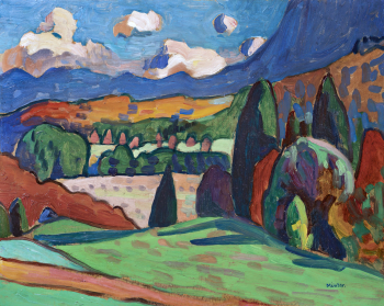 Габриэла Мюнтер. Пейзаж с облаками. Доска, масло. 33х40,8. 1908. Частное собрание.