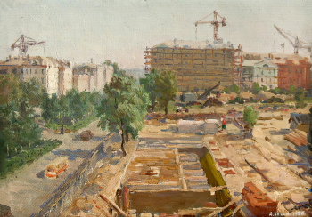 Вагин Андрей Григорьевич. Барнаул строится. Картон, масло. 35х48,5. 1956. Государственный художественный музей Алтайского края.