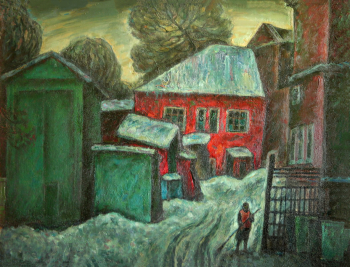 Фризен Альфред Петрович. Барнаульский пейзаж с дворником. ДВП, масло. 89х70. 1990. Государственный художественный музей Алтайского края.