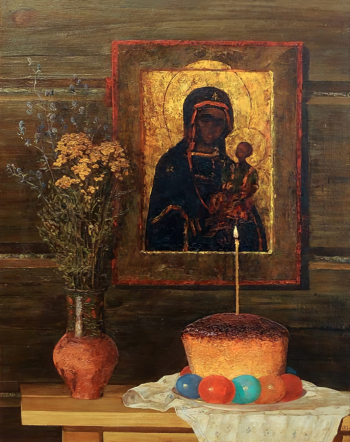 Курочкин Александр Иванович. Пасхальный натюрморт. Оргалит, масло. 67х59. 1997. Серпуховский историко-художественный музей.
