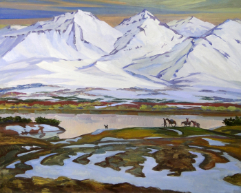 Колдаев Юрий Ефимович. По тундре. Геологи. Холст, масло. 100х125. 1990. Камчатский краевой художественный музей.