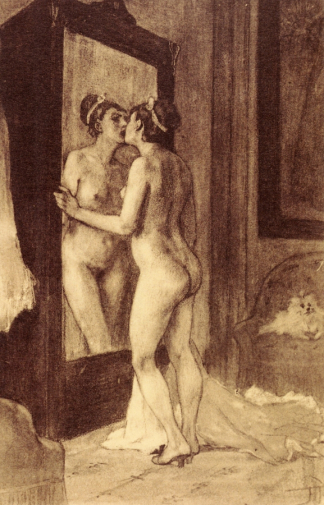Фелисьен Ропс. Самовлюблённая (Нарциссизм). Бумага, акварель. 22х15. 1878-1881. Частное собрание.
