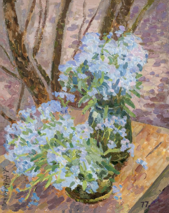 Новикова Лариса Петровна. Незабудки. Холст, масло. 52х42. 1977. Новгородский государственный объединенный музей-заповедник.