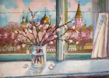 Садова Зинаида Ивановна. Вербное воскресенье. ДВП, масло. 44,8х65,7. 2006. Музей-заповедник Александровская Слобода.